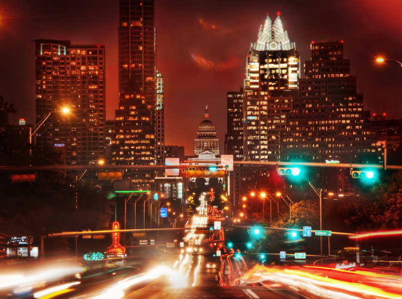 city street, traffic, Signs, cityscape, built structure, Texas, mode of transportation, United States, office building exterior, buildings, tower, illuminated