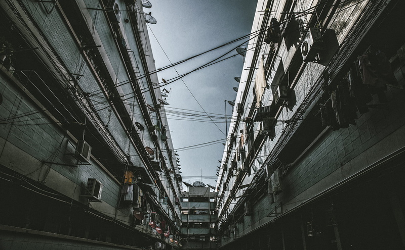urban, street, electricity, no people, industrial, dark clouds, buildings, condenser, lot, factory, connection, thailand, architecture, light, city, cable