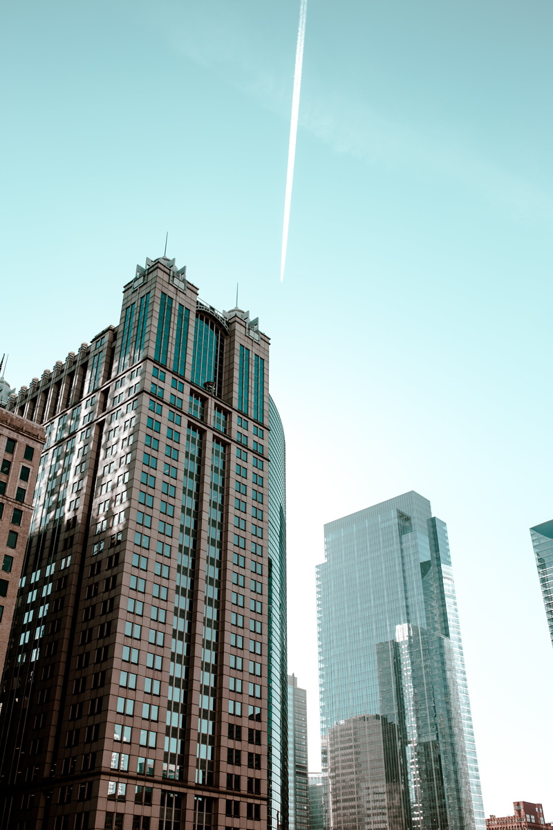 infrastructure, tower, downtown district, blue, building, vapor trail, building exterior, low angle view, hotel, outdoors, tall - high, skyscraper, 5K