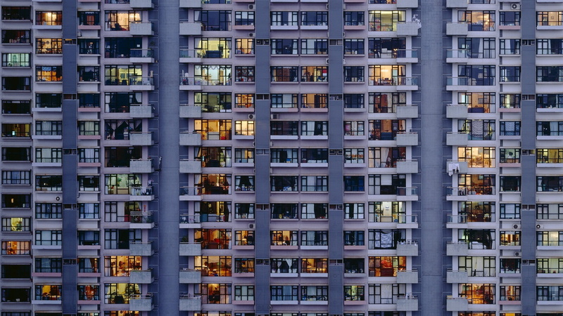 side by side, pattern, gray, building exterior, outdoors, painted, skyscraper, repetition, backgrounds, city life, sunlight, residential district, balcony