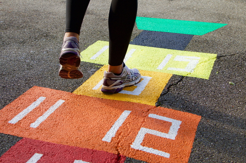 lifestyles, 5K, symbol, human foot, person, outdoors, marking, pay, scotch, human leg, hop, playground, city, playing, road, body part, high angle view