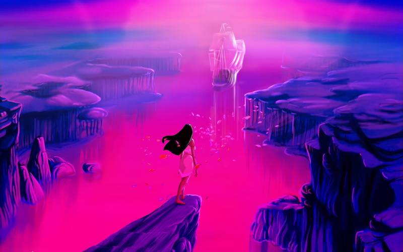 ships, pocahontas, leaves, artwork, 2K, princesses, company, rocks, ocean, disney