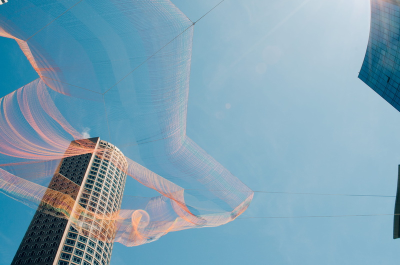 hand, music, adult, finger, lifestyles, public, human body part, guitar, blue, arts culture and entertainment, swimming pool, skyscraper, echelman, united states