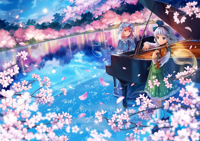anime girls, pink hair, piano, 720P, Konpaku Youmu, short hair, red eyes, gray hair, water, Saigyouji Yuyuko, flowers, Myon, anime, Touhou
