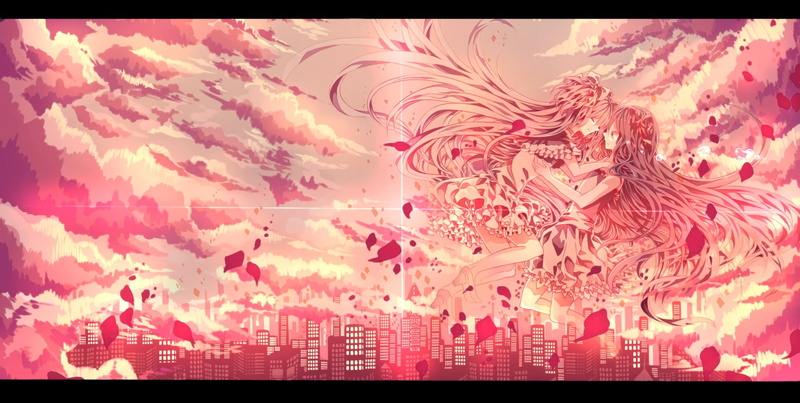 girls, 720P, mahou, dress, shoujo, clouds, akemi, city, aka, magica, pink, homura, madoka, long, kaname, hair, petals