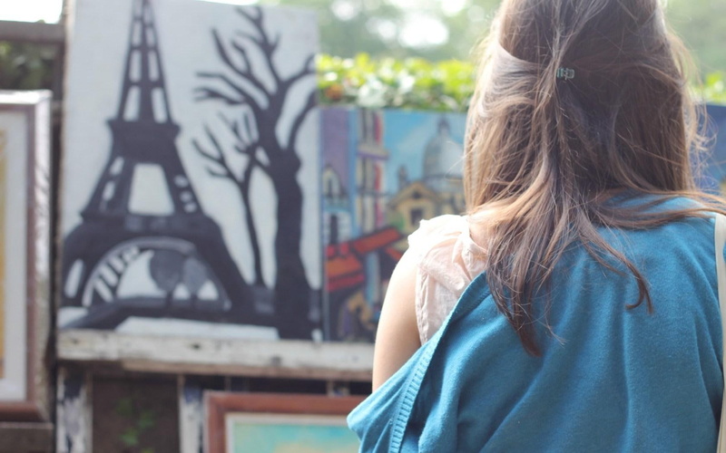 textile, eiffel, blue, drawing, girl, tree, tower, 720P