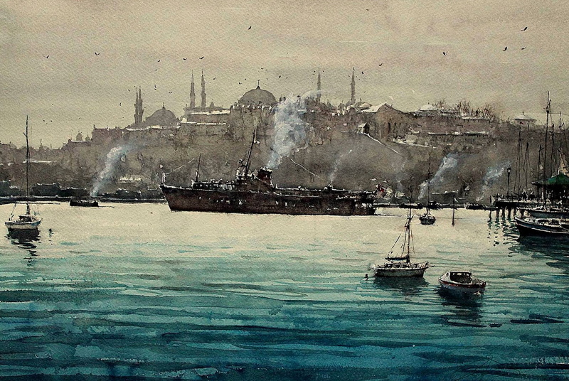 ship, the urban landscape, The Bosphorus, Strait, Maximilian DAmico, watercolor, picture, boat, 1080P, Istanbul