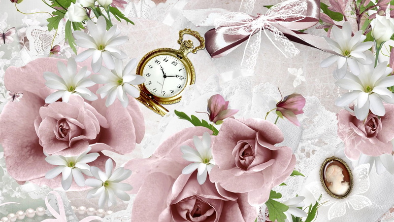 roses, brooch, white flowers, vintage, cameo, ribbon, 1080P, mauve, grmothers, antiqu, white roses, pocket watch, lace