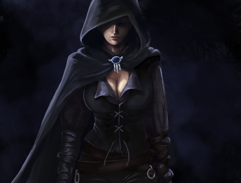 brooch, art, chest, 1080P, dark, girl, hood, cloak