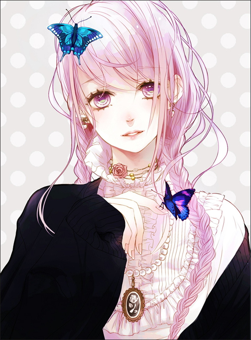 innocent, hair, girl, eyes, butterfly, 1080P, pink, brooch