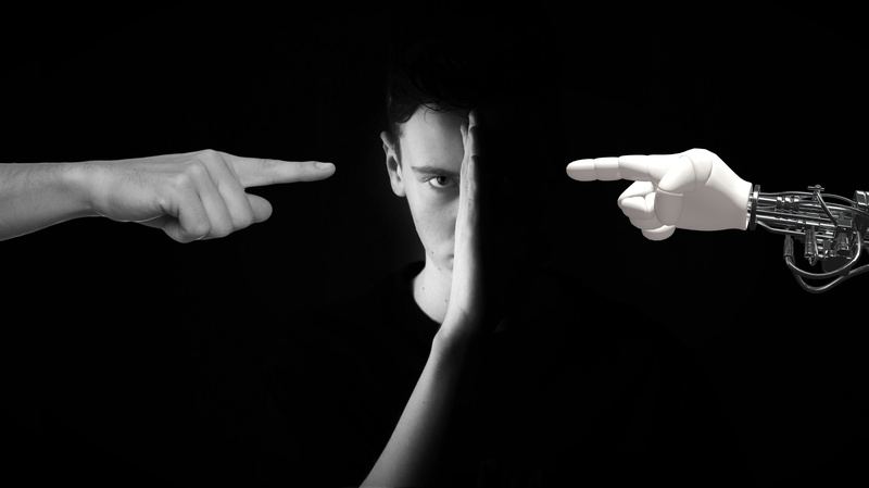 cyber, studio shot, new, human limb, man, technology, head, digitization, women, 5K, human hand, split, females, black background, old, adult, hand, human body part