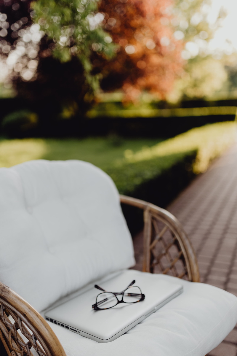 office, close-up, garden, outdoor, positive emotion, laptop, 4K, armchair, communication, workplace, table, absence, summer, macbook, terrace, business