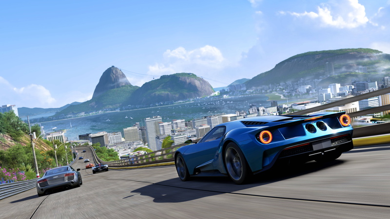 sea, mode of transportation, track, land vehicle, Forza Motorsport 6, 8K, sky, machine, motion, illustration, mountain range, water, sunlight, motor vehicle
