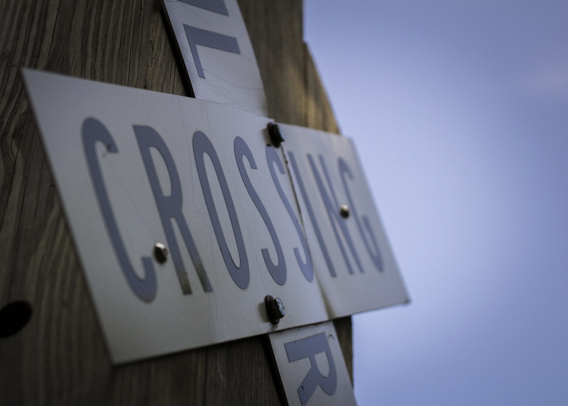 design, signage, western script, text, communication, cross, trains, still life, railroad, wood - material, nature, sky, guidance, blue, signs, perspective
