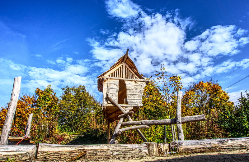 children, architecture, fun, playground, tower, building, no people, wood, tree, childrens playground, day, building exterior, playhouse, 5K, sky, wood - material
