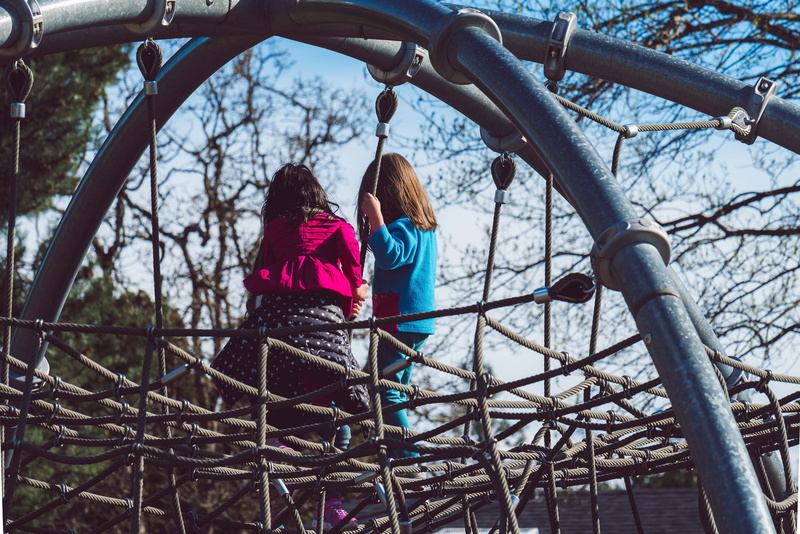 5K, children, two people, girls, leisure activity, outdoors, sibling, two, young, females, women, play, leisure, lifestyles, rear view, childhood, jungle gym