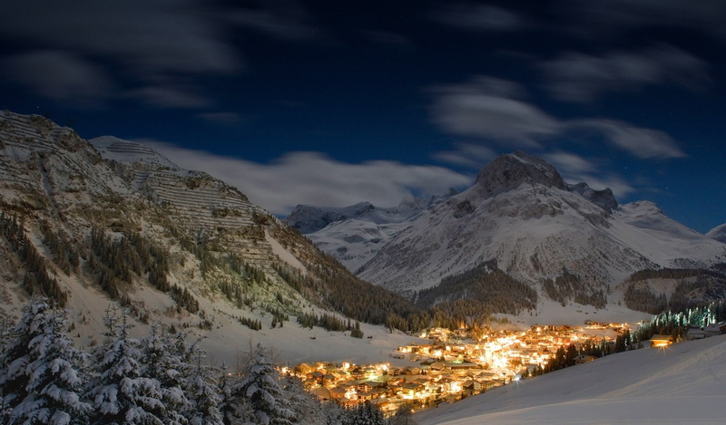 snowcapped mountain, Austria, lights, mountain peak, sky, city, illuminated, non-urban scene, landscape, winter, tranquil scene, snowy peak, mountains