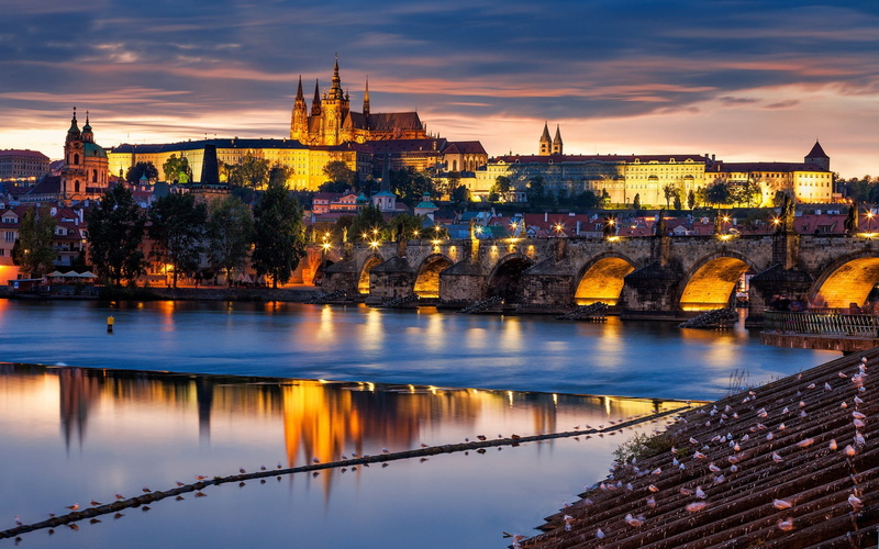reflection, cloud - sky, connection, built structure, building exterior, illuminated, republic, praha, nature, bridge, evening, 1080P, sunset, city, bridge - man made structure