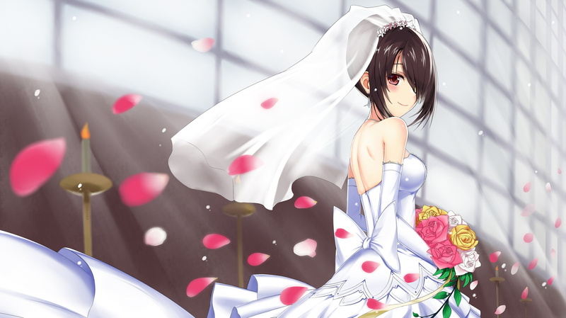 date a live, petals, smiling, Anime, bride, flower bouquet, 2K, tokisaki kurumi, wedding dress
