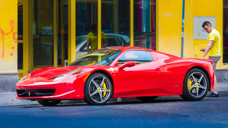 mode of transportation, transportation, fast, sports car, yellow, man, architecture, colourful, land vehicle, Ferrari, car, adult, motor vehicle, colorful
