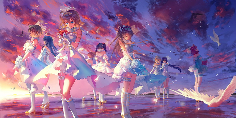 ribbon, sky, Ayase Eri, birds, Yazawa Nico, flowers, crown, Minami Kotori, 720P, Hoshizora Rin, Koizumi Hanayo, dress, Nishikino Maki, wedding dress, anime girls
