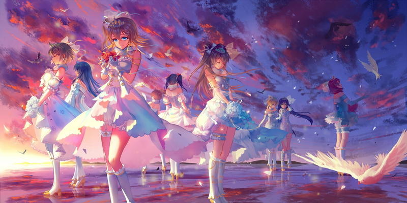 ribbon, anime, Minami Kotori, Koizumi Hanayo, Sonoda Umi, wedding dress, sky, Kousaka Honoka, flowers, long hair, dress, twintails, anime girls, Ayase Eri