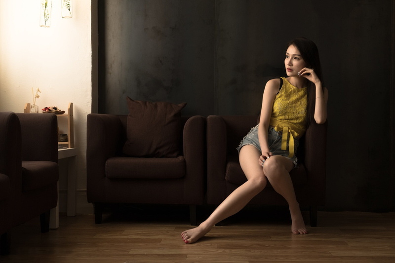 legs together, 1080P, barefoot, sitting, women, chair, model, women indoors, Asian