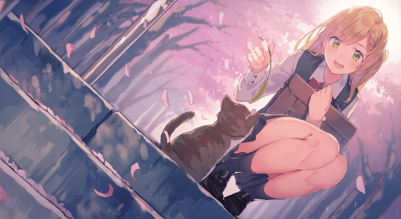 mammals, cats, anime girls, miniskirt, leaves, open mouth, women outdoors, outdoors, blonde, legs together, legs, animals, anime, urban, green eyes, 2K