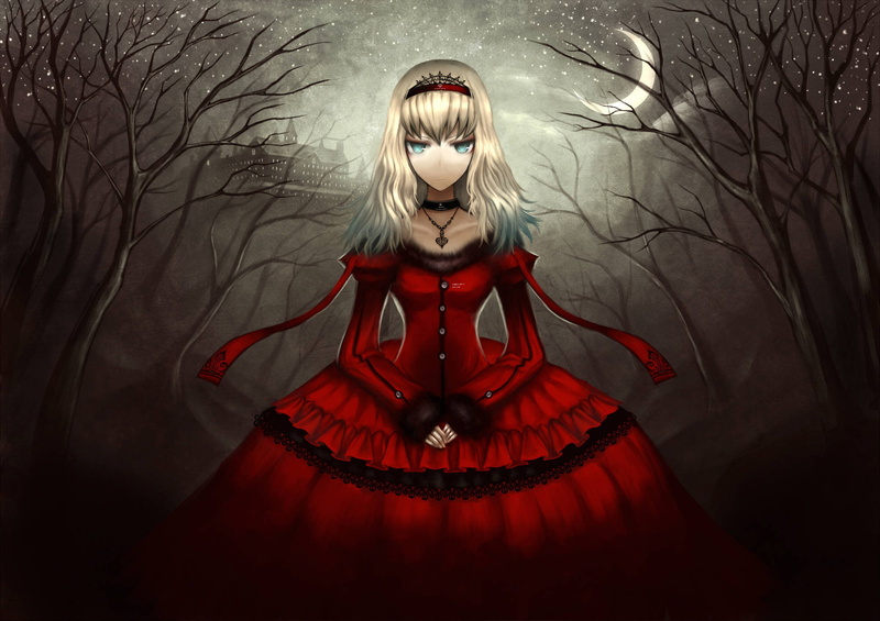 wonderland, alice, character, grey, hair, red, anime, dress, 1080P