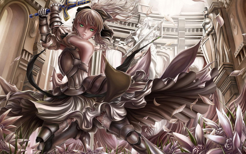 warrior, holding, sword, grey, saber, 2K, d, dress, woman, anime, girl, 2560x1600, charter