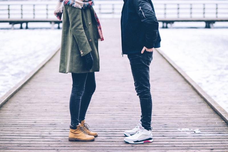 outdoors, two people, couple, together, human leg, romance, walking, wooden, focus on foreground, shoe, fashion, scarf, man, togetherness, photoshoot, standing