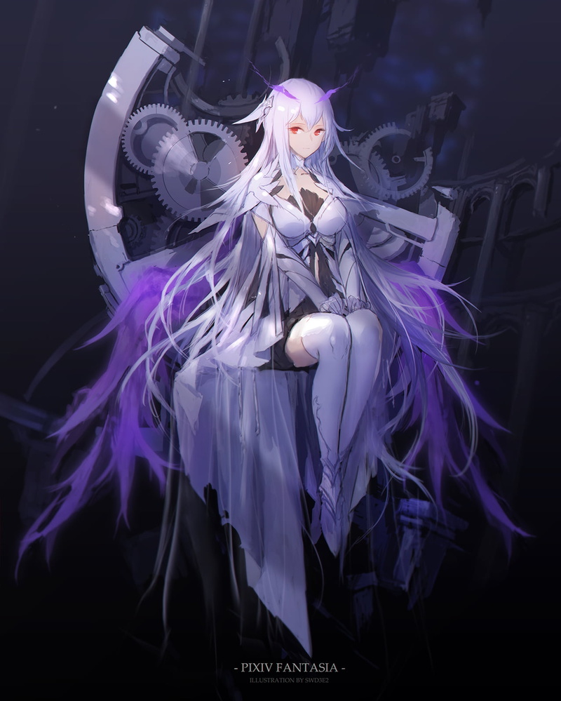 legs together, red eyes, fantasy girl, original characters, Pixiv Fantasia, silver hair, anime, white hair, fantasy art, sitting, 720P, swd3e2, anime girls
