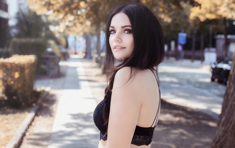 hairstyle, smiling, portrait, women, looking at camera, black hair, Sarah Voigtlaender, teenager, long hair, looking over shoulder, black bras, face, pale