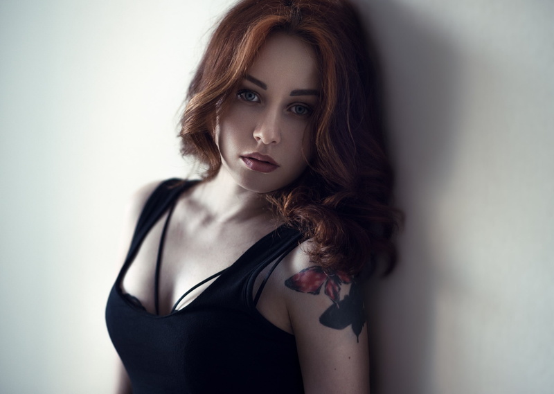 face, redhead, pale, 1080P, blue eyes, tattoo, black bras, portrait, black clothing, women