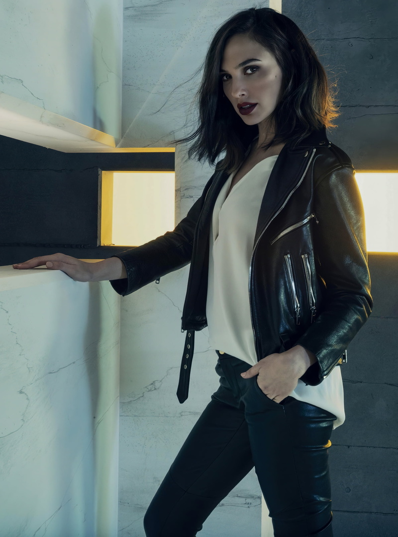 indoors, black jackets, leather pants, women, model, Israeli, leather jackets, dark hair, dark lipstick, 2K, Gal Gadot, shoulder length hair, actress