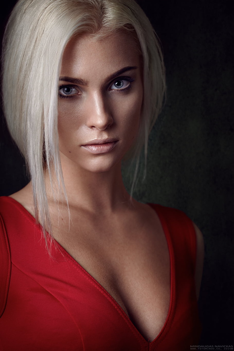 dress, women, blue eyes, 720P, looking at viewer, red clothing, Mindaugas Navickas, blonde, shoulder length hair, makeup, cleavage, portrait, lipstick