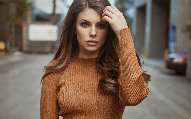 model, depth of field, urban, long hair, brunette, women, open mouth, hands in hair, women outdoors, sweater, looking at viewer, 1080P, Corin Clark, brown eyes