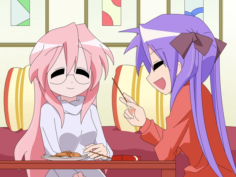 anime, no people, hiiragi kagami, human representation, glasses, takara miyuki, lucky star, food, 720P, representation, text, close-up, table, art and craft