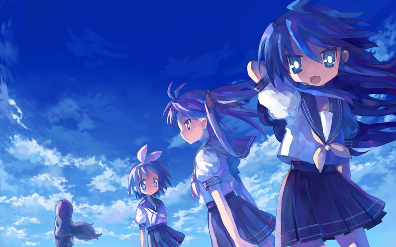 lucky, 720P, takara, akira, hiiragi, konata, seifuku, izumi, tsukasa, sky, tsuchiya, star, miyuki, blue, kagami, clouds, hair