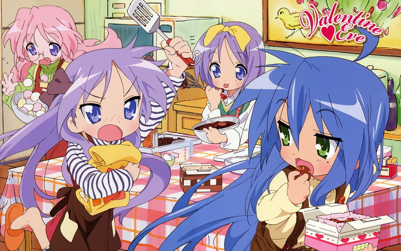 konata, hair, tsukasa, lucky, miyuki, blue, hiiragi, food, valentine, eyes, star, 1080P, izumi, pink, purple, kagami, green, takara, glasses