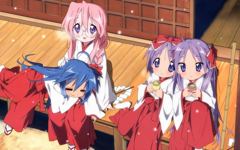 people, Anime, Konata Izumi, obscured face, Tsukasa Hiiragi, red, standing, offspring, child, Miyuki Takara, mask, fear, looking at camera, Lucky Star