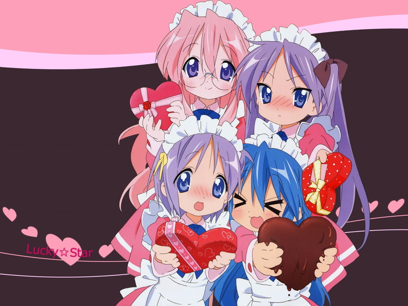 valentines, eyes, izumi, konata, blush, stars, pink, 720P, seifuku, vector, lucky, takara, hair, green, blue, glasses, purple, star, miyuki, long