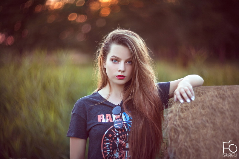 red lipstick, glasses, black shirt, 1080P, brunette, women, Fodor Orsi, bokeh, looking at viewer, blue eyes