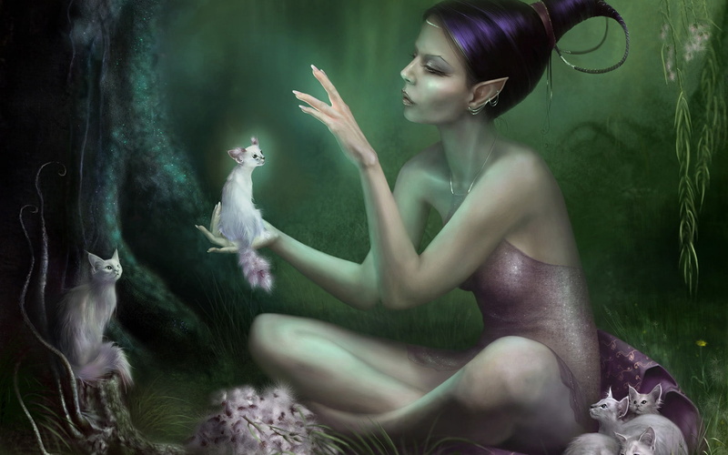 x, hd, 720P, Dress, nature, elf, art, nonnudes, forest, cats, outdoors, drawings, plants, Flowers