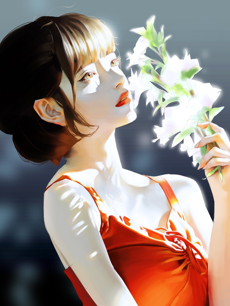 women, sungmoo heo (Artist), leaves, dappled sunlight, open mouth, digital art, hairbun, ArtStation, drawing, artwork, portrait display, 1080P