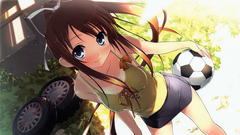 blush, hair, braless, sp, football, hd, anime, Blue Eyes, art, bows, pokies, 1080P, brunettes, eyes, miniskirts, girls, soccer, grass, blue, tires, long