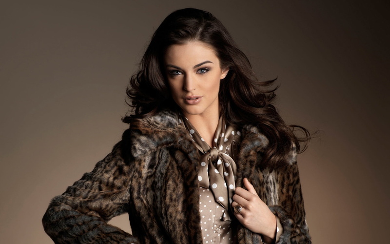 open mouth, women, long hair, 1080P, gray eyes, model, brown dress, Lauren Budd, brown clothing, brown background, brown coat, brunette, looking at viewer