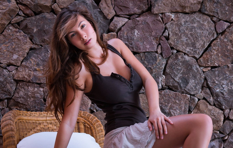 looking at camera, one person, women, portrait, stone wall, fashion, hair, long hair, sensual gaze, 1080P, hairstyle, young adult, MetArt, s, real people