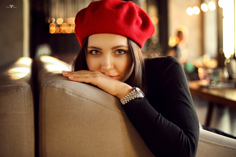 women, gray eyes, sitting, smiling, portrait, berets, 1080P, depth of field, Elena, looking at viewer, face, Dmitry Arhar