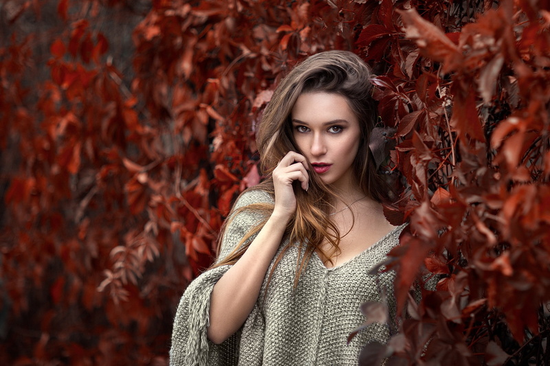 depth of field, young women, leaf, fashion, hairstyle, clothing, beautiful people, young adult, autumn collection, autumn, beautiful woman, beauty, outdoors